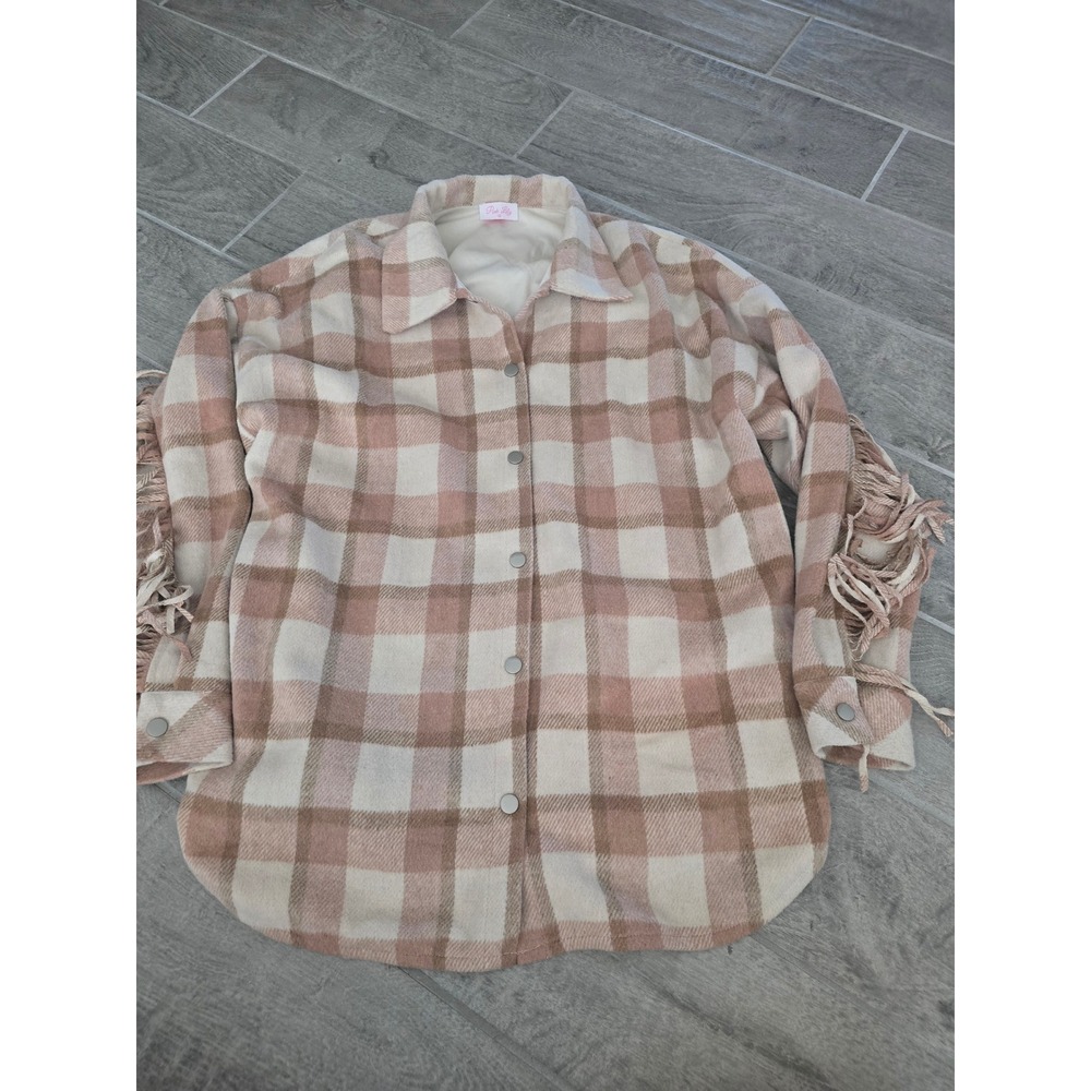 Pink Lily x Krista Medium Western Country Plaid Fringe Shacket Flannel Jacket